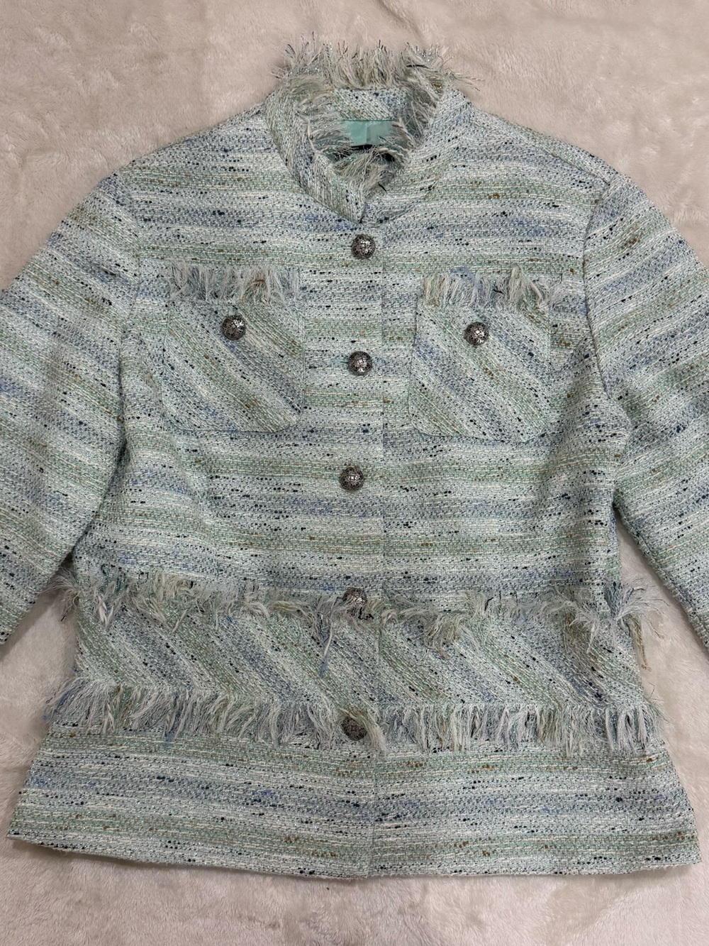 Samuel Dong Mint Green Tweed Fringe Button Jacket